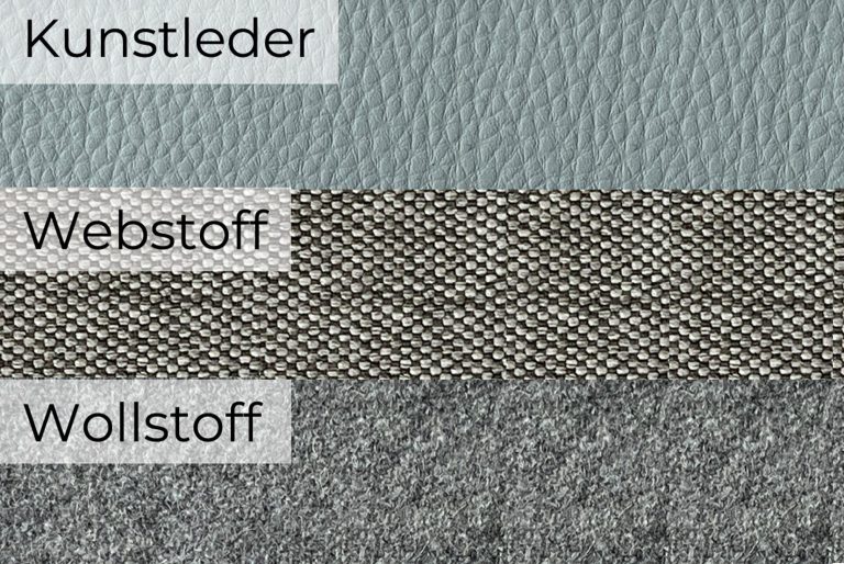 Stoffauswahl Drei Bezüge: Kunstleder, Webstoff und Wollstoff in unterschiedlichen Texturen und Farben.